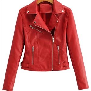 Vegan leather jacket zipper arms glam moto red